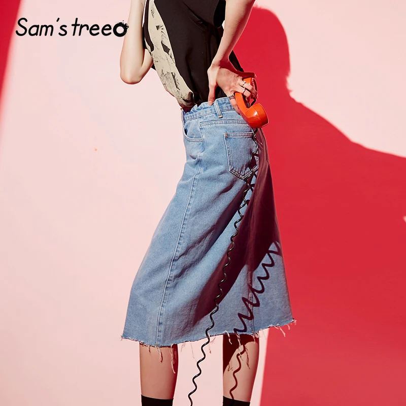 

Samstree Women A-Line Denim Skirt Summer Buttons Irregular Mid-Calf Jeans Skirts High Waist Female Cotton Ripped Long Skirts