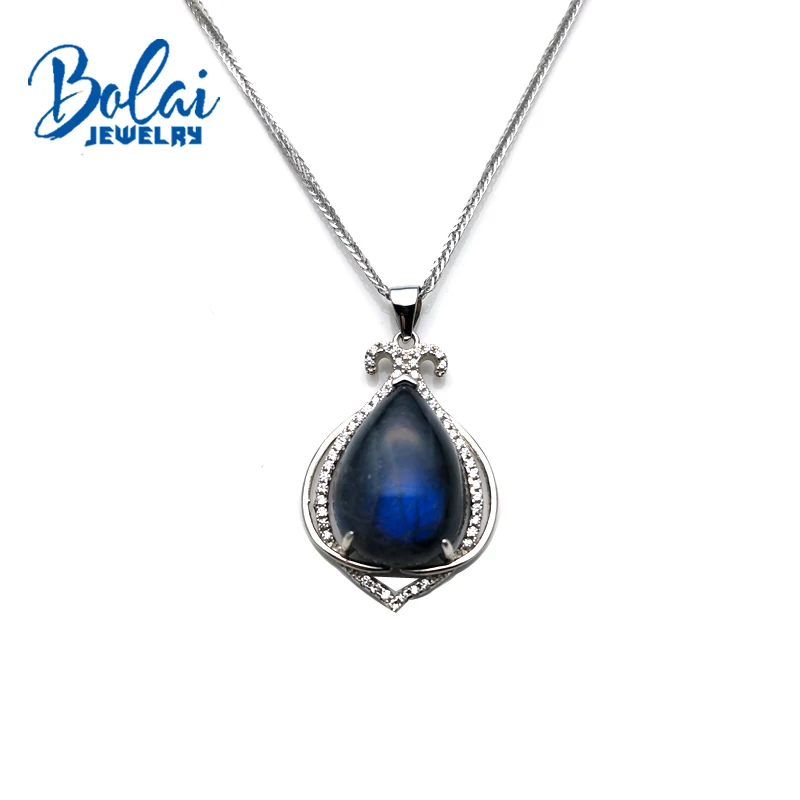 

Bolaijewelry,Natural Labradorite pear 13*18mm 10ct pendant necklace 925 sterling silver fine jewelry send woman valentine gift