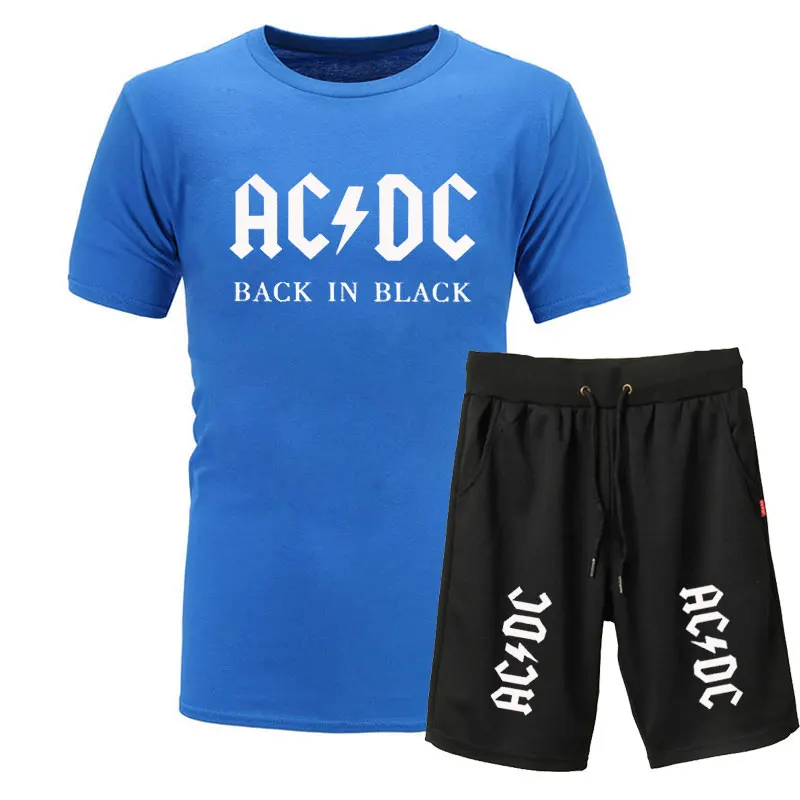 Новая брендовая одежда, AC/DC, Мужская футболка, Swag, футболка, хлопок, Мужская футболка и шорты, Homme, для фитнеса, Camisetas, хип-хоп, футболка, 2 предмета - Цвет: blue black 1