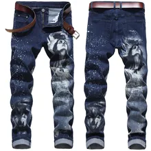 Брюки для бега на бедрах, новинка, мужские новые модные 3D тонкие брюки с цветным принтом, Стрейчевые джинсовые брюки 25, Прямая поставка