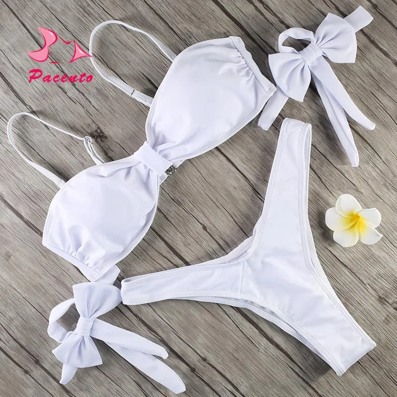 Pacento Bikini Set Solid White Bowknot Wrapped Chest Bikini 2018 ...