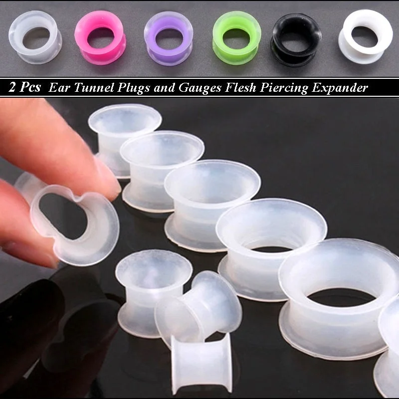 Pair Super Light and Soft Silica Tunnel Ear Plugs and Gauges Earskin