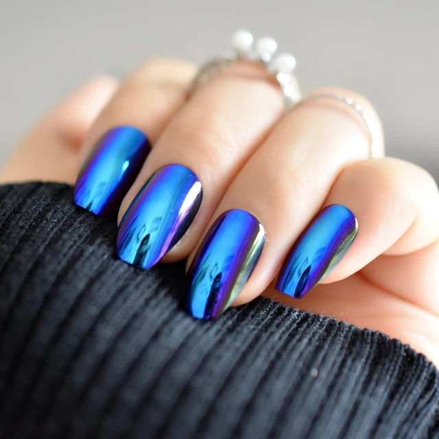 Super Holographice Coffin Nails Mirror Blue Chrome Sparkly Ballerina Super Holographice Coffin Nails Mirror Blue Chrome Sparkly Ballerina Fake Medium Size Manicure Tips With