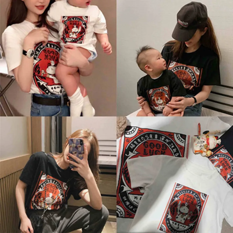 

Summer T Shirt Family Matching Clothes Dad Mother Short Sleeve Cat T-Shirt Daughter Son Boys Cartoon Baby Romper Fashion tshirt