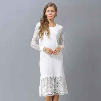 

Fashion Women European Style 2018 Autumn Winter New Women's Knitting Knitted Patchwork Dress Lace Hem Loose Long Dresses