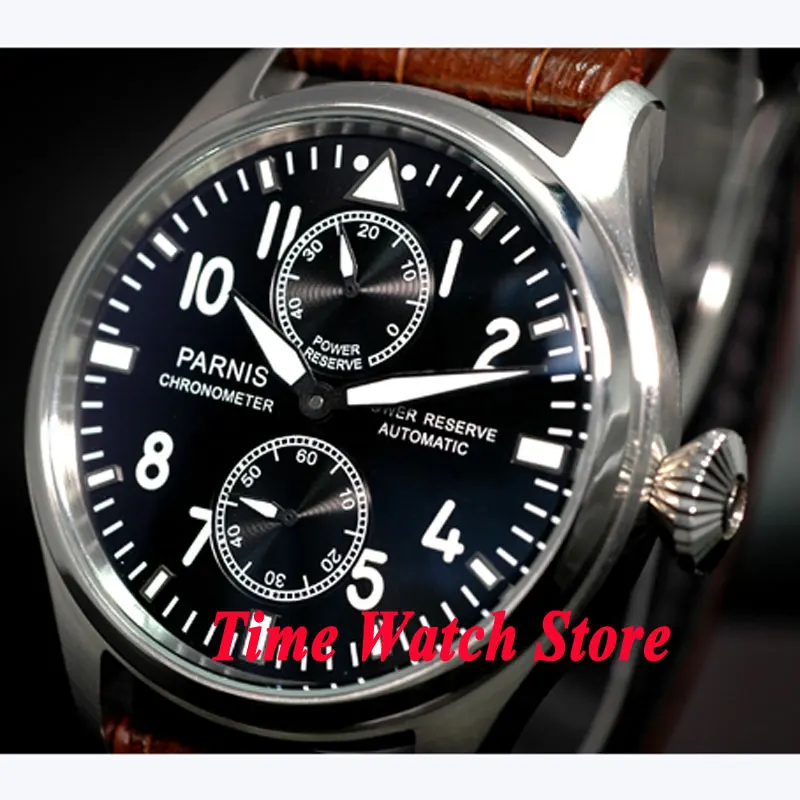 

Parnis watch 47mm black dial brown leather strap power reserve ST2542 Automatic Self-Wind movement Men's watch 95