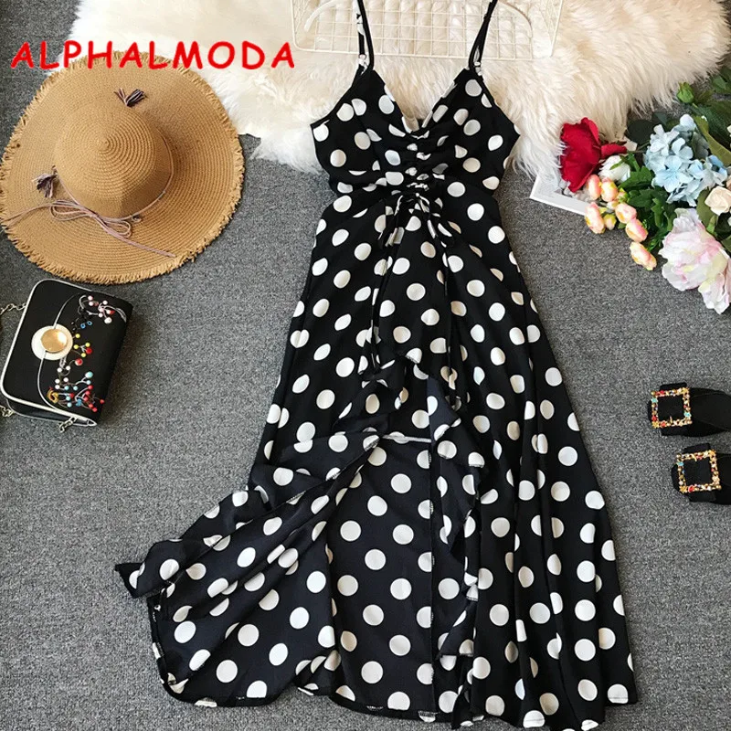 

ALPHALMODA Summer 2019 Women's Seaside Resort Dress Polka Dot Trendy Mid-calf Ruffled Bohemian Med-calf Strapless Vestidos