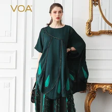 VOA, шелковая жаккардовая футболка размера плюс 5XL, свободные женские топы, верх размера d, футболка, повседневная, темно-зеленая, летняя, рукав летучая мышь, длинная, удобная, B517