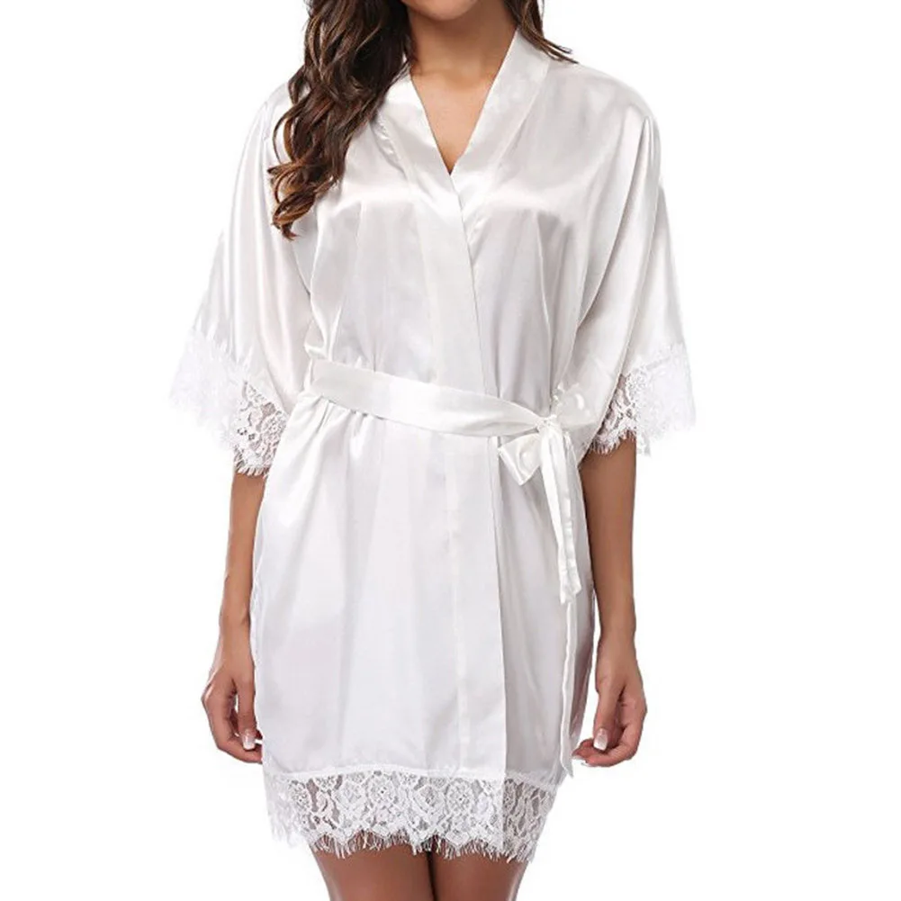 Fashion Women's Satin Silk Sleepwear Lingerie Night Wear Ladies Solid Lace Patchwork Bandage V-neck Nightgown Nightdress