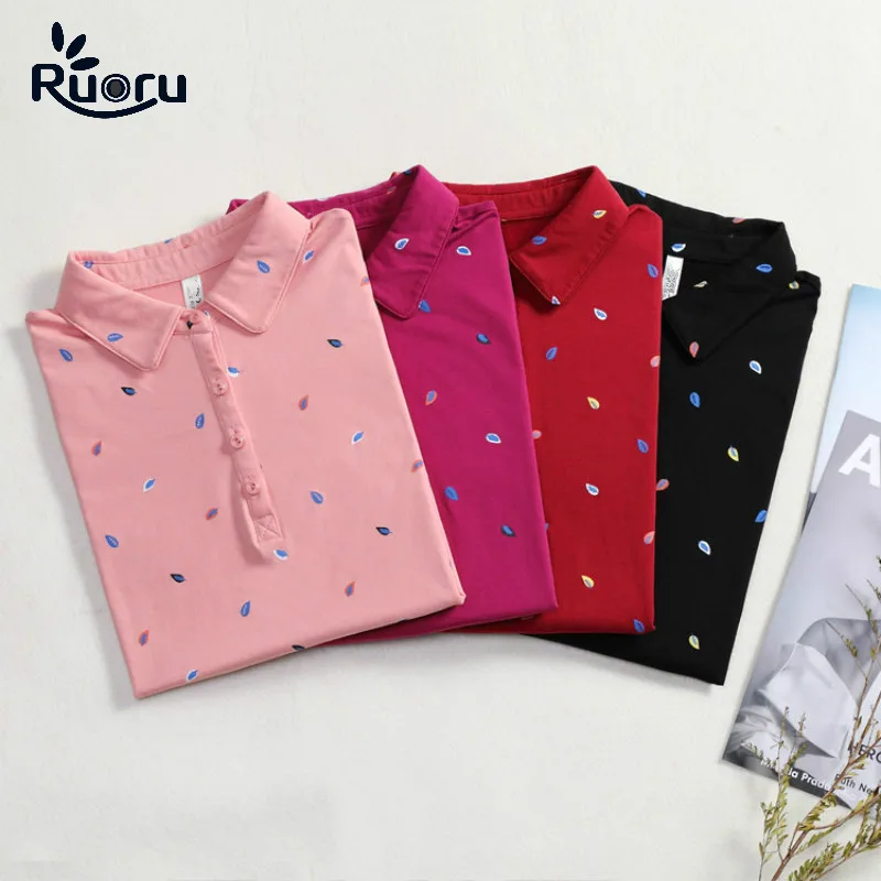 

Ruoru M - 4XL Plus size autumn Winter cotton polo women colorful leaf printed women polo shirt casual polo femme red black color