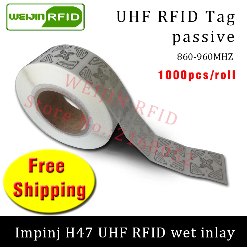 melhor RFID UHF tag etiqueta EPC6C Impinj H47 inlay molhado 915mhz868mhz860 960MHZ 1000 pcs frete grátis adesivo etiqueta RFID passiva
