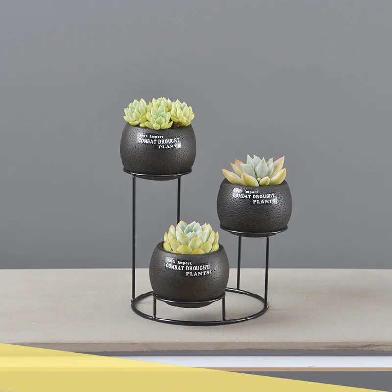 European Succulent Plant Cement Flower Pot Green Planter Flowerpot Home Garden Bonsai Pots With Iron Shelf 3 Pots Black Color European Succulent Plant Cement Flower Pot Green Planter Flowerpot Home Garden Bonsai Pots With Iron Shelf 3 Pots Black Color