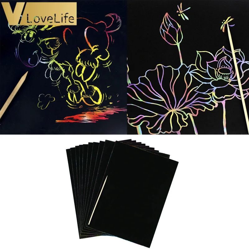 

10pcs/lot 26*19cm Magic Color Scratch Art Paper Coloring Cards Available On Both Sides Scraping Drawing Toys For Children