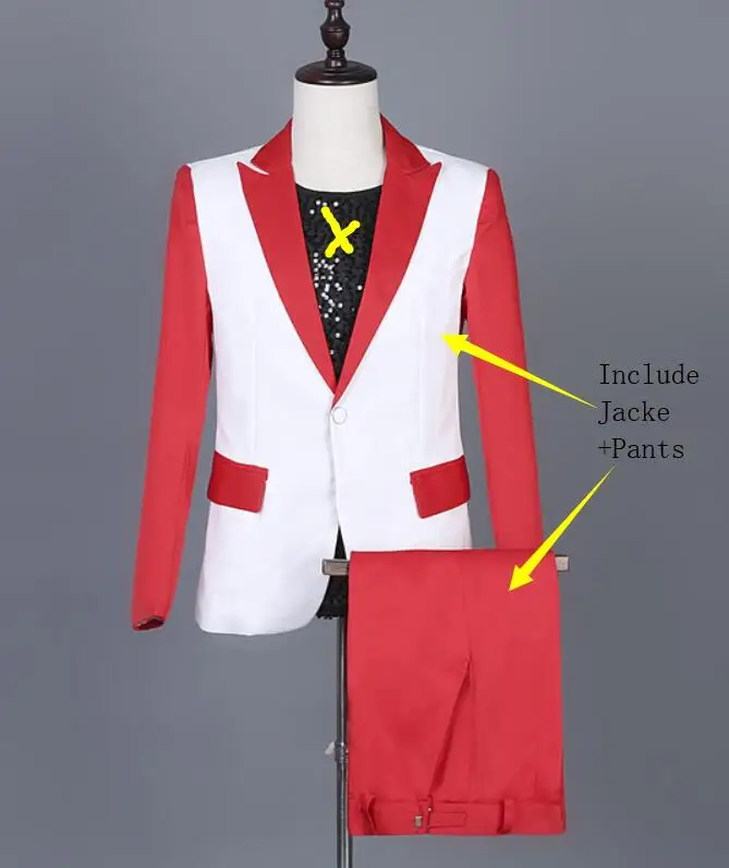 Red-White Stitching Blazers Set One Button Slim Fit Tuxedo Suit Men's Wedding Groomsmen Dress Singer Group Performance Costumes - Цвет: B