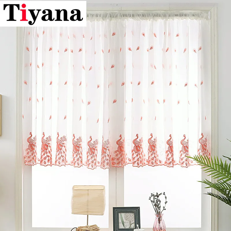 

Short Curtain Embroidered Peacock pocket panel Sheer Tulle For Home Living Room Kitchen Door Balcony Window Screen Panel SC018D3