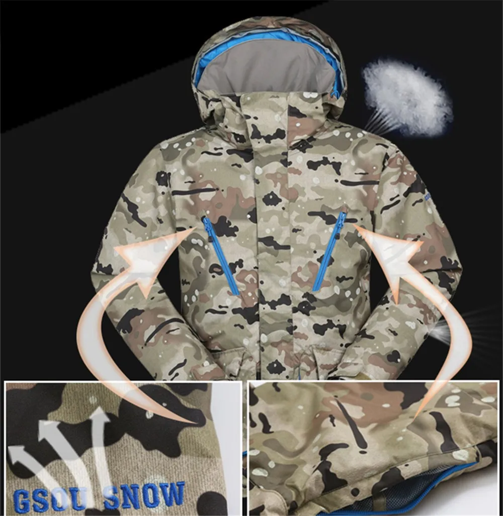 Gsou Snow-30 градусов Мужская лыжная куртка зимняя теплая камуфляжная Сноубордическая куртка водостойкая ветрозащитная дышащая мужская Лыжная куртка