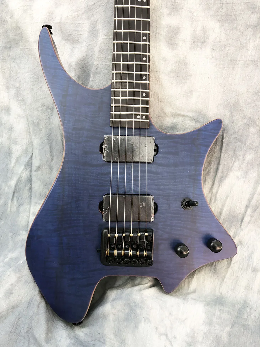 

High-quality Headless Electric guitar Rosewood Fingerboard,Blue color Flamed Maple Top with Wood binding,Black Hardware