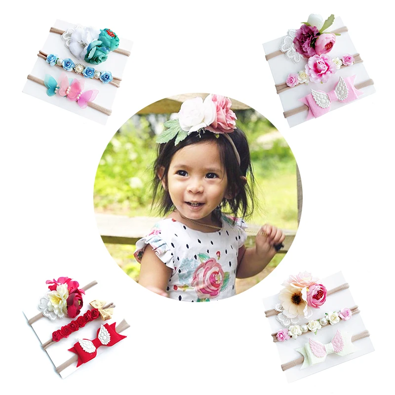 NEW 3pcs//Set Newborn Headband Elastic Floral Baby Girls Hairband Bowknot Turban