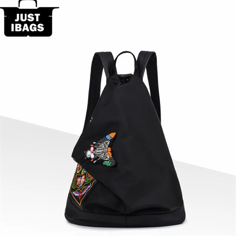 Chinês vento nacional Grande capacidade de Nylon impermeável mulheres mochilas estilo Preppy Bordado Beading menina da escola mochila grande