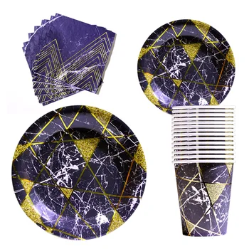 

10 Pcs New Lovely Imitation Marble Black Party Plates Cups Napkins for Happy Birthday Party Supplies Wedding Party Favors