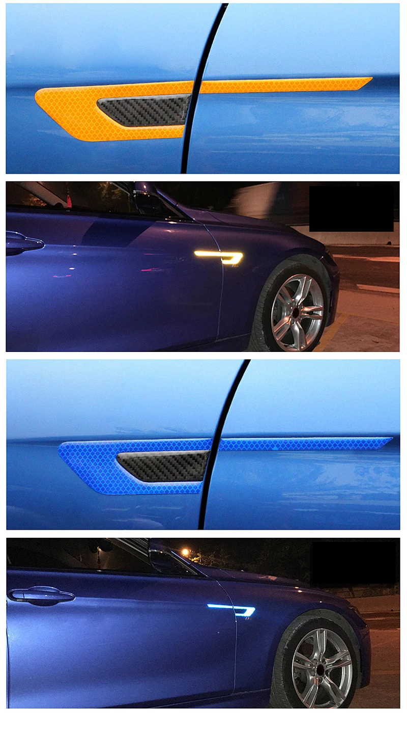 5 2pcs Reflective Strip Car Stickers Reflective Tape Carbon Fiber Door Warning Luminous Sticker Night Safety Security Accessories