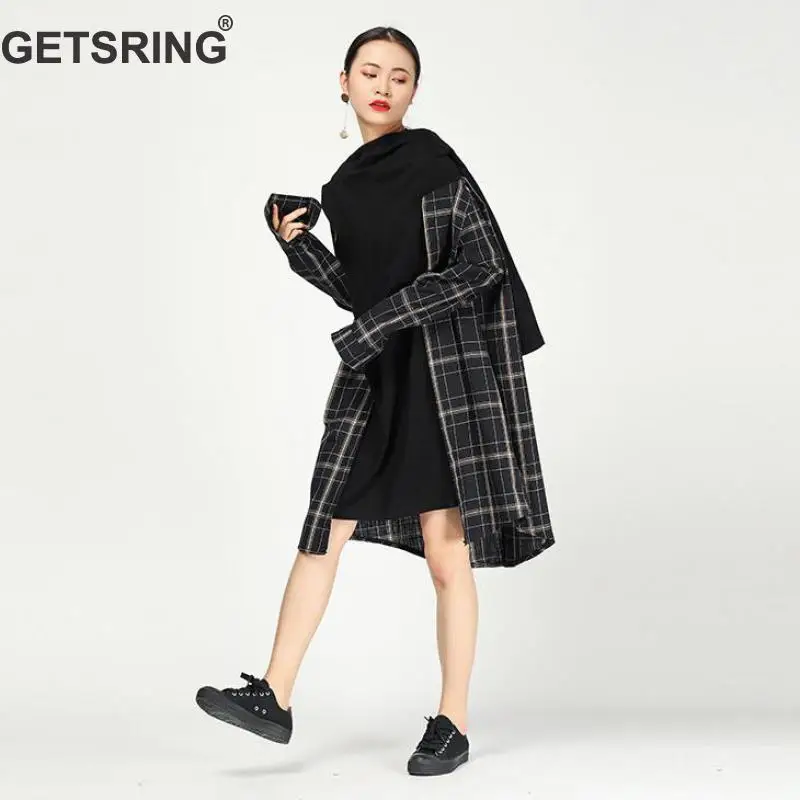 

GETSRING Women Dresses Irregular Color Matching Grid Fake Two Plus Size Long Dress Woman Asymmetry Lattice Casual Dress 2019