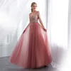 Beading Evening Dress 2022 V-Neck Pink High Split Tulle Sweep Train Sleeveless Prom Gown A-line Lace Up Backless Vestido De ► Photo 3/6