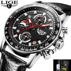 LIGE бренд Для мужчин кожаный ремешок Военные часы Для мужчин хронограф Водонепроницаемый Спорт Дата кварцевые наручные часы подарки relogio