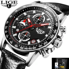 LIGE Brand Men Leather Strap Military Watches Men's Chronograph Waterproof Sport Date Quartz Wristwatch Gifts relogio masculino