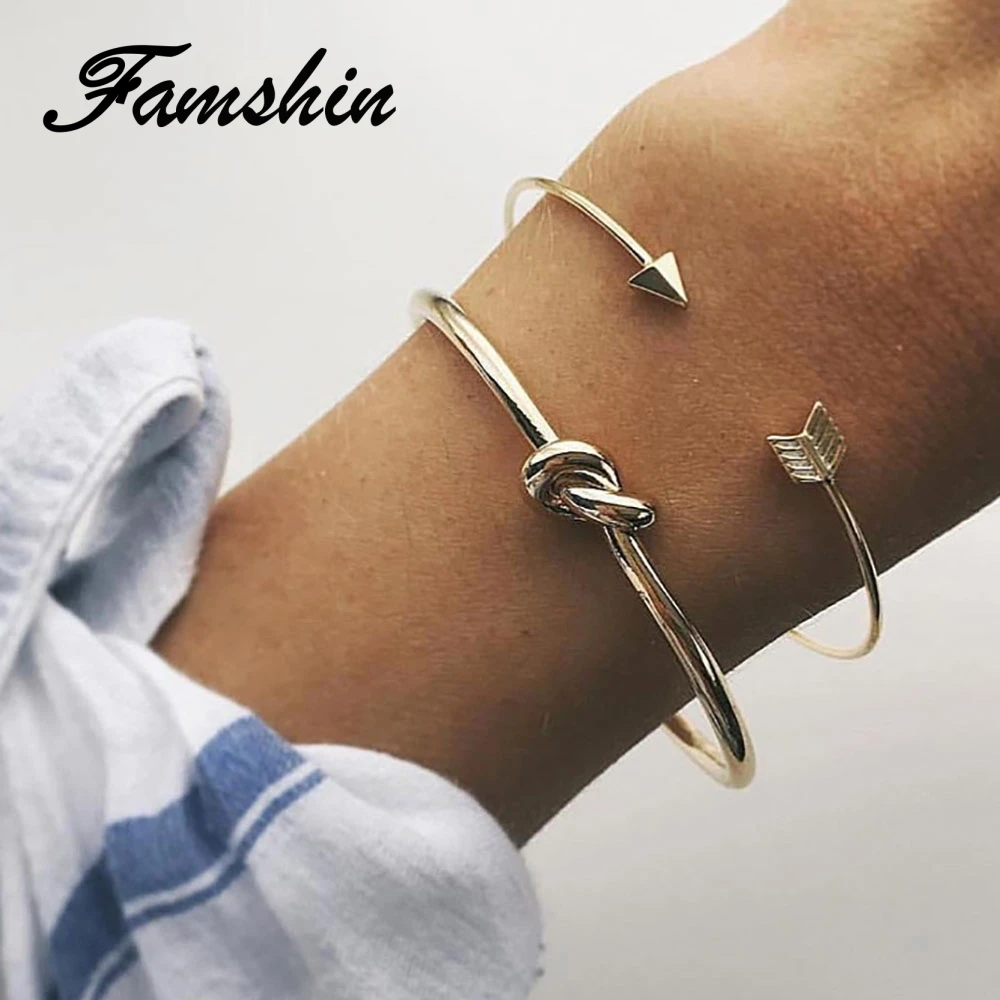

FAMSHIN 2PCS/SET Vintage Cuff Bracelet Bangles for Women Brief Gold Color Open Arrow Knotted Charms Bracelet Jewelry Gift