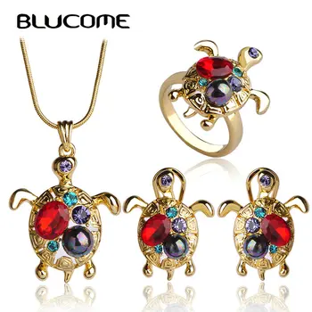 

Blucome Red Turtle Jewelry Sets Gold-color Simulated Gray Pearl Necklace Earrings Ring Set Cute Tortoise Pendant Stud Earrings