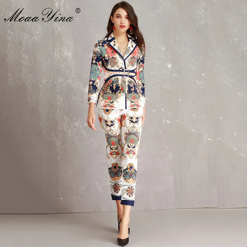 

MoaaYina Spring Designer Set Women High Quality Colorful Geometry Print Ruched Belted Blazer+3/4 Pencil pants Suit Suit Twinset