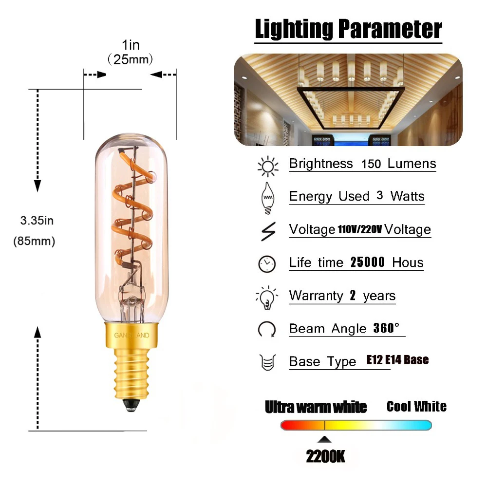 Ganriland E14 светодиодный затемнения янтарного Стекло T25/T8 трубчатый подвесной светильник в стиле ретро 3W 2200K спираль светодиодный ламп накаливания E12 E14 люстра освещение
