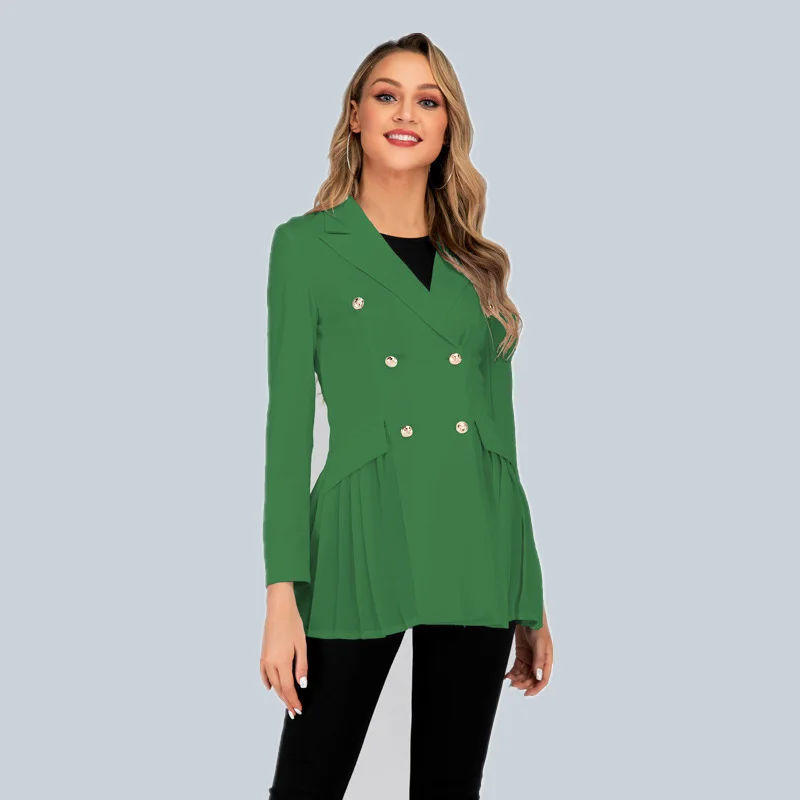 

2019 Summer European American New Womens Double Row Buckle Office Lady Blazers Feminino Self-cultivation Pleated Small Suit