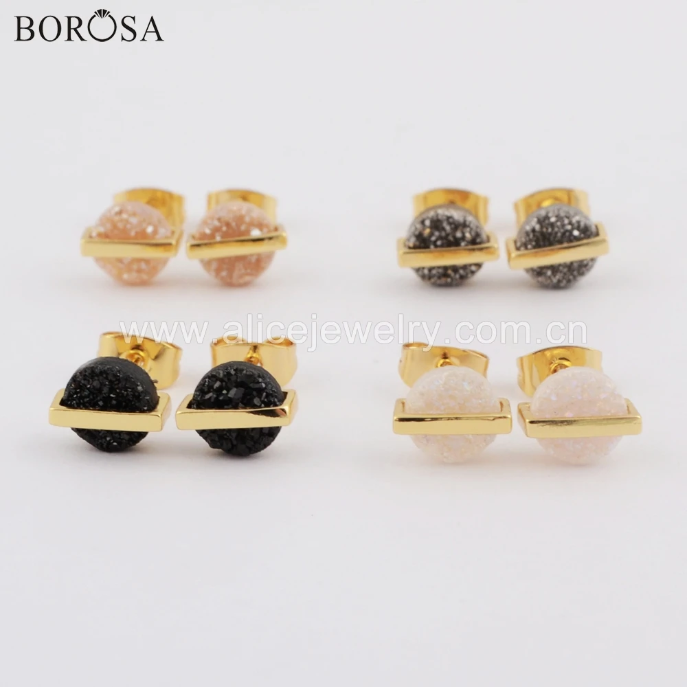 

BOROSA 5Pairs Fashion 7mm Round Gold/Silver Bezel Natural Agates Drusy Stud Earrings Titanium Rainbow Druzy Earring ZG0399