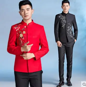 Blazer men formal dress latest coat pant designs marriage suit mens Chinese tunic suit wedding suits for men's stand collar red tian qiong mens black wool suits latest coat pant designs chinese style stand collar slim fit groom wedding suit formal wear