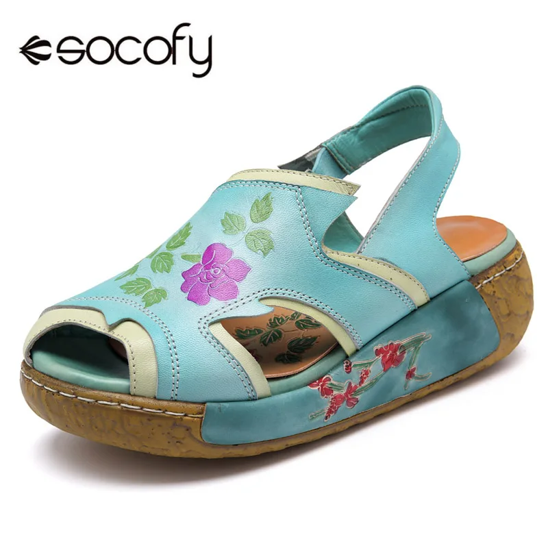 

Socofy Genuine Leather Platform Sandals Women Shoes Peep Toe Slingback Hook Loop Casual Sandals Vintage Flower Summer Shoes New