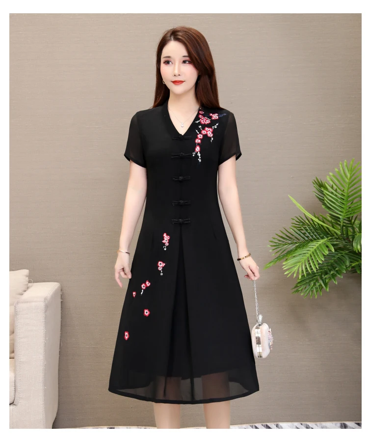 Винтаж китайский летнее платье Для женщин с коротким рукавом Большие размеры вышитые улучшилось cheongsam платья элегантные вечерние платья