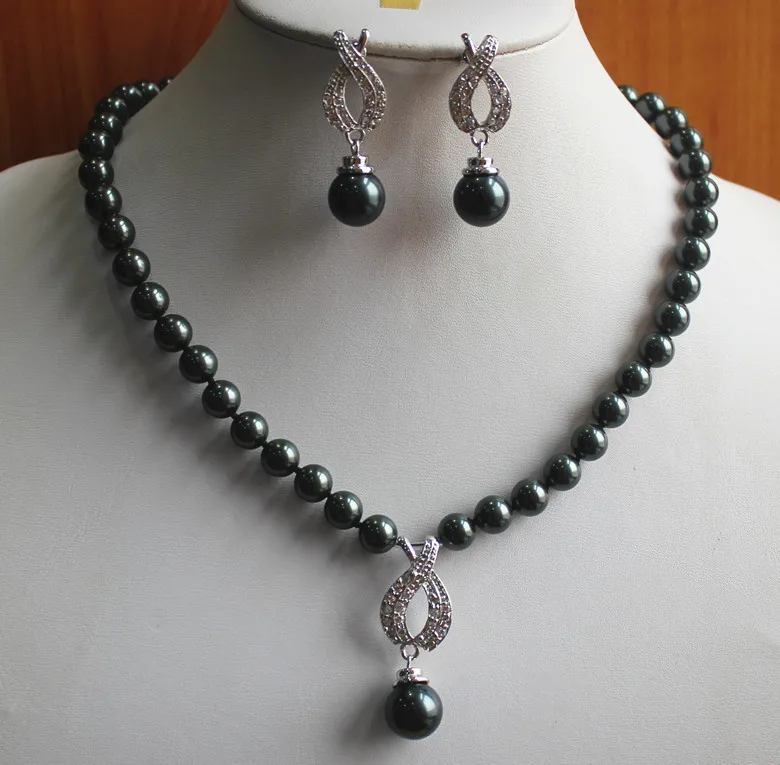 

perfect match 8mm black shell pearl necklace 14mm earrings and pendant jewelry set for Valentine's day gift (D)