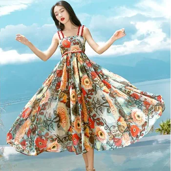 

2019 Fashion Runway Summer Dress Women's Hairball Spaghetti Strap Vinatge ethnic Floral Print Midi Big Swing Dress Beach Dress