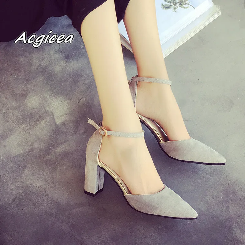 

2018 spring autumn single shoes rough with sandals female summer word buckle shallow mouth suede high heels Sandal mujer s082