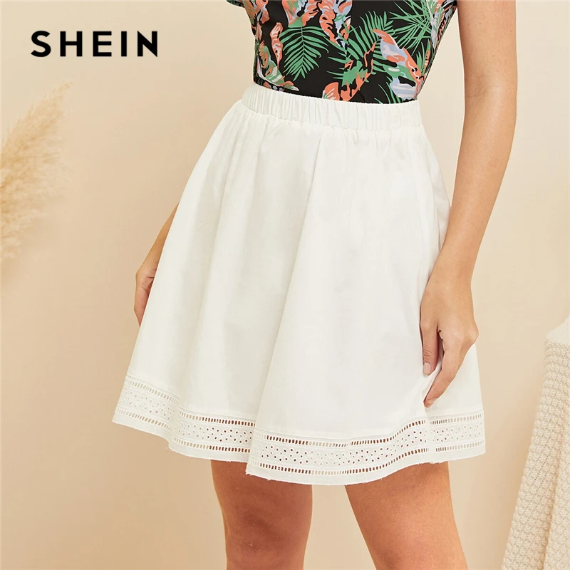 

SHEIN White Elastic Waist Embroidered Eyelet Hem Boho Skirt Summer Autumn Skirts Womens Solid Casual Skater Flared Short Skirt