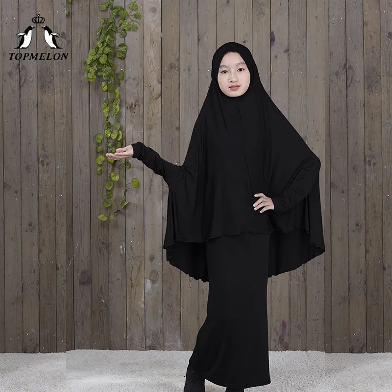 Черный TOPMELON традиционные abaya хиджаб халаты для девочек из двух частей мусульманская молитва одежда Дети Твердые свободные большие abaya s - Цвет: Черный