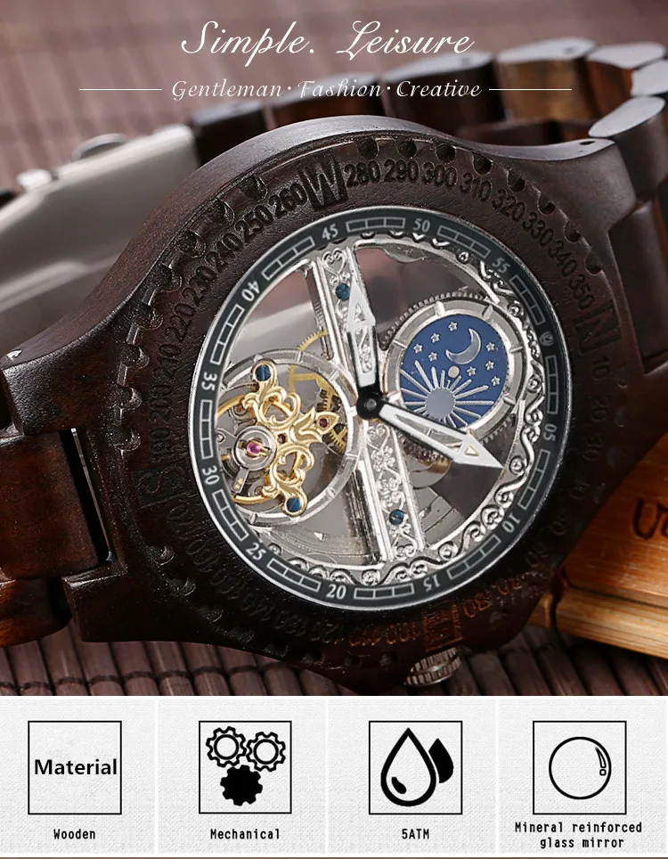 XINBOQIN брендовые винтажные мужские часы из сандалового дерева, Персонализированные Прозрачные механические часы, деревянные наручные часы, фаза Луны