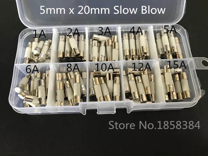 

100pcs Ceramic Fuse kit 5mm x 20mm Slow Blow T 1A 2A 3A 4A 5A 6A 8A 10A 12A 15A 250V with box