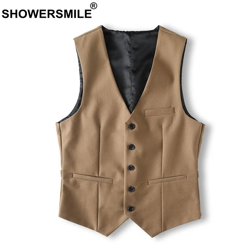 SHOWERSMILE, брендовый мужской жилет цвета хаки, приталенный, Ретро стиль, без рукавов, пиджак, мужской классический жилет, костюм, Осень-зима, жилет