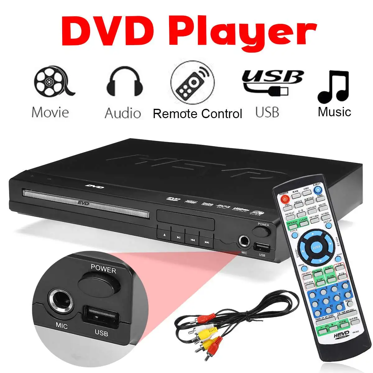 

DVD Player 100-240V Compact Multi Region Free Full HD Mic USB Port With Remote Control 258x200x37mm Black Plastic EU Plug