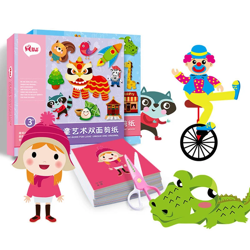 awesome  100pcs Kids Cartoon Color Paper Folding and Cutting Toys with Scissors kindergarten DIY Art Craft E
