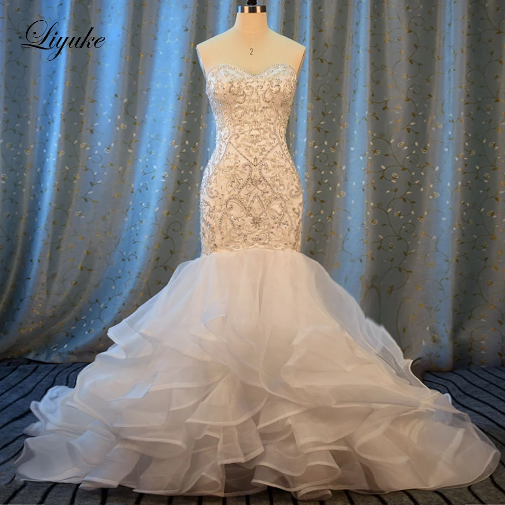 

Liyuke Embroidery Mermaid Wedding Dress New Sweetheart Luxury Appliques Beading Off The Shoulder Bride Dress robe de marriage