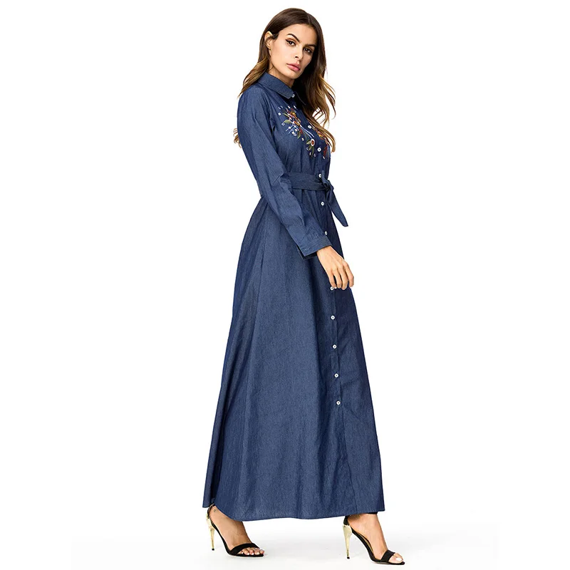 ShejoinSheenjoy Embroidery Denim Women Long Dress Turn-down Collar Long Sleeve Autumn Winter Dress Party Casual Ladies Dresses (3)